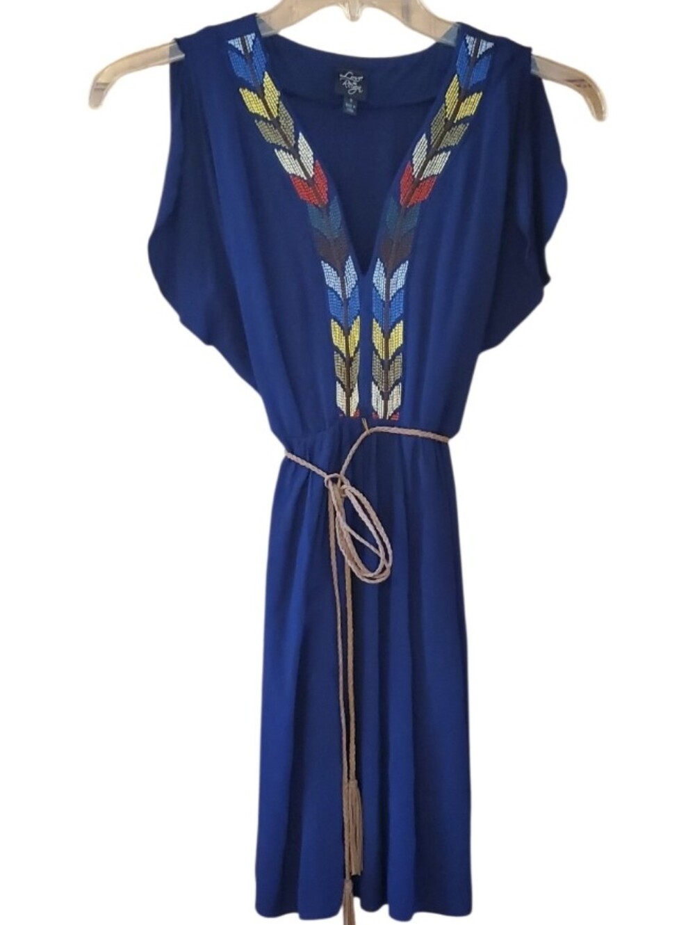 Love Reign Blue Tribal Embroidered V-Neck Mini Dress with Leather Tassel Belt